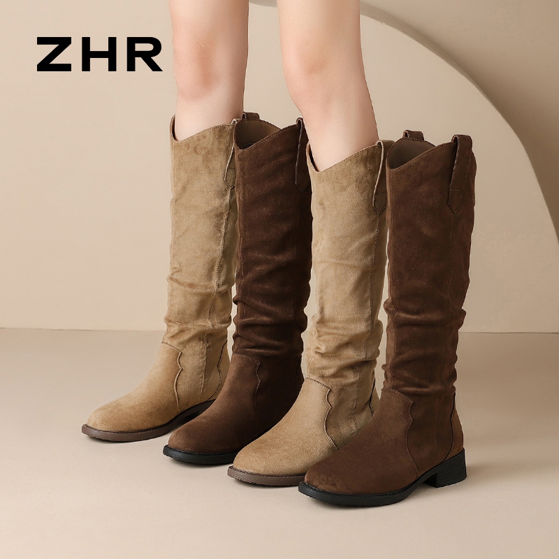 13836022.【ZHR则则】西部靴圆头套脚绒面厚底女鞋[羊京绒]