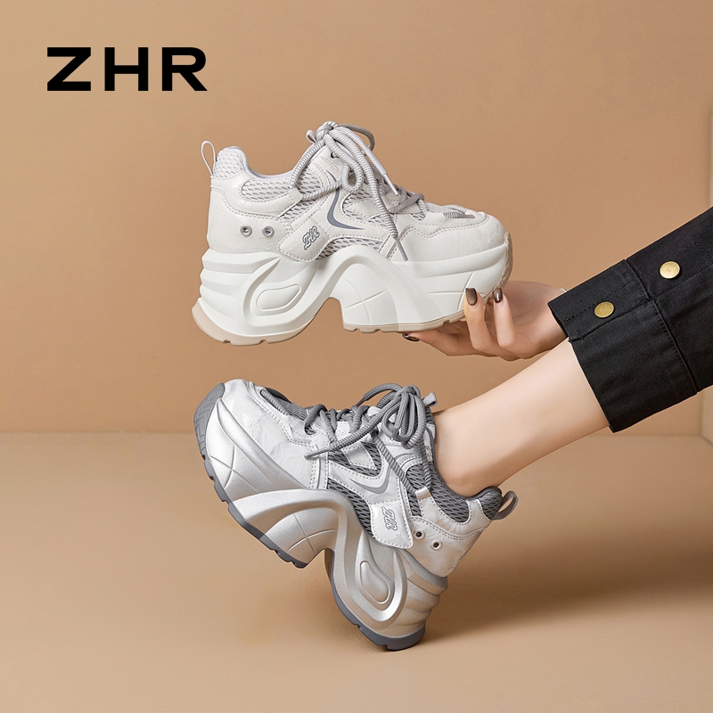 13844608.【ZHR则则】内增高老爹鞋圆头厚底系带女鞋[超纤+网布]