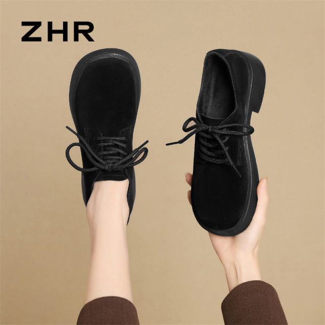 13148822.【ZHR则则】深口单鞋圆头系带厚底女鞋[牛剖层绒面革]