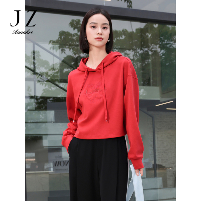 13149627.商场同款JZ玖姿时尚年轻感烫钻连帽卫衣女秋季新款JWEQ82102