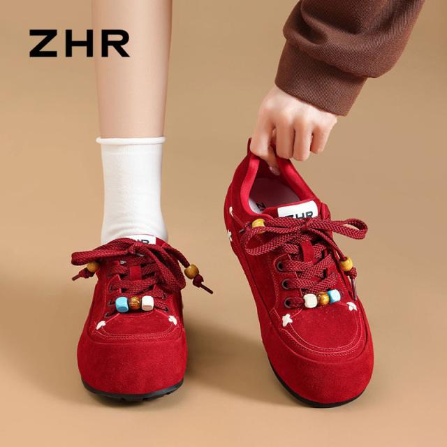 13148606.【ZHR则则】内增高阿甘鞋圆头系带平底女鞋[牛纤绒]