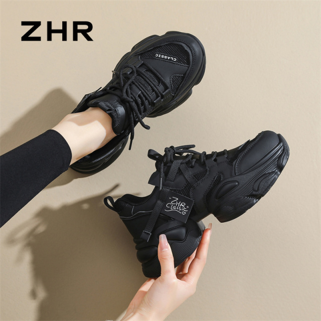 13148831.【ZHR则则】老爹鞋圆头系带厚底女鞋[PU+网布+牛剖层移膜革]