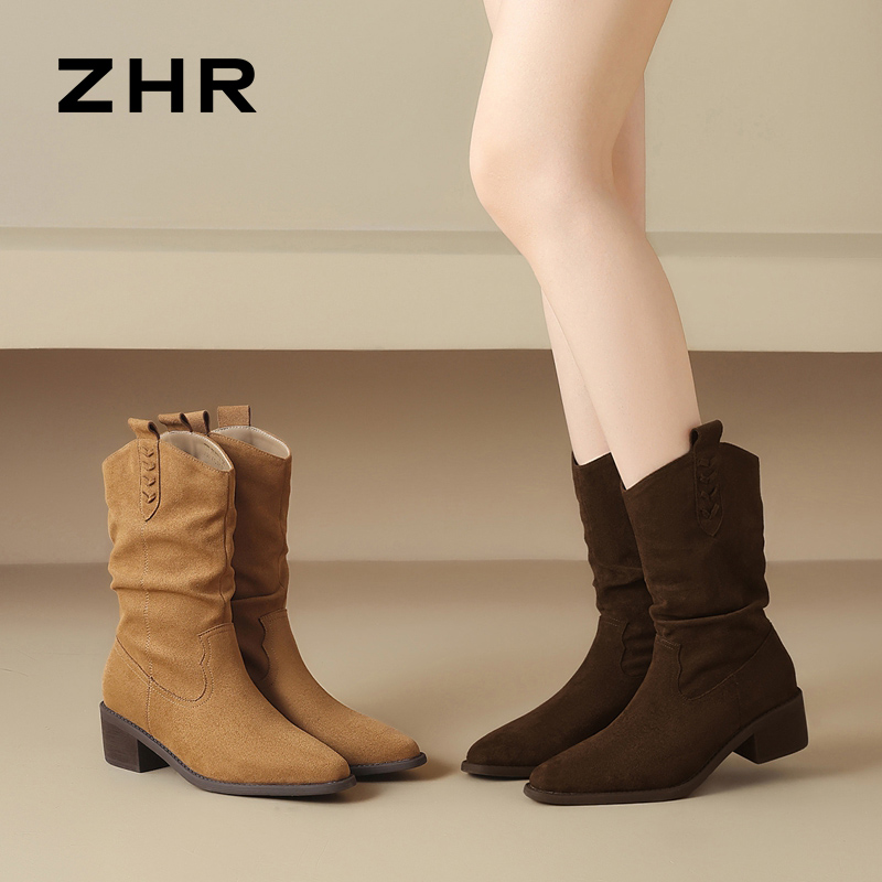 13148794.【ZHR则则】西部靴尖头套脚粗跟女鞋[绒布]