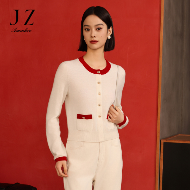 13149600.商场同款JZ玖姿休闲撞色全羊毛针织衫女装秋季新款JWEQ30629