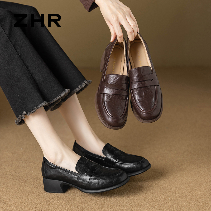 13148791.【ZHR则则】妈妈单鞋圆头套脚粗跟女鞋[头层羊皮]