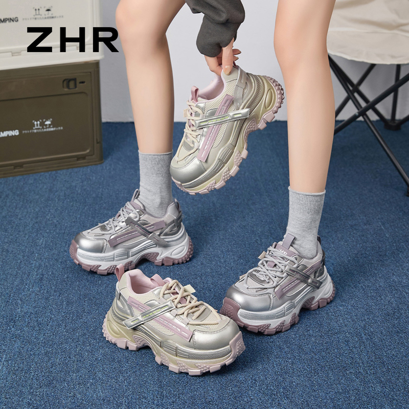 13148783.【ZHR则则】老爹鞋圆头系带厚底女鞋[PU+网布]