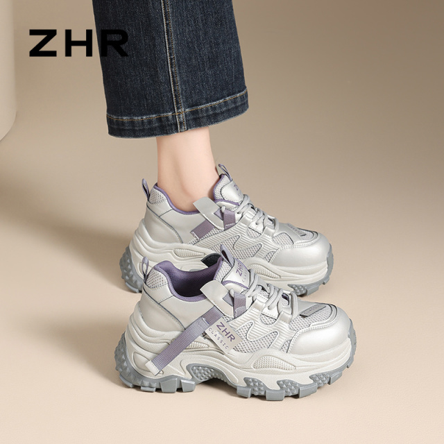 13148870.【ZHR则则】老爹鞋圆头系带厚底女鞋[PU+网布]