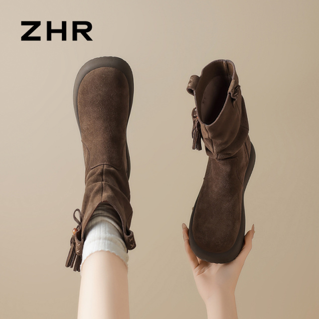 13148838.【ZHR则则】西部靴圆头套脚厚底女鞋[牛剖层绒面革]