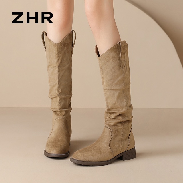 13836022.【ZHR则则】西部靴圆头套脚绒面厚底女鞋[羊京绒]