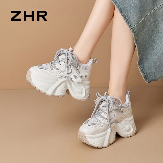 13844608.【ZHR则则】内增高老爹鞋圆头厚底系带女鞋[超纤+网布]
