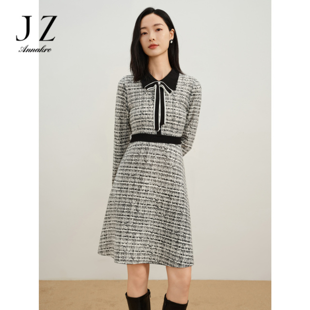 13148571.商场同款JZ玖姿摩登复古撞色连衣裙毛衫女秋季新款JWDQ31402