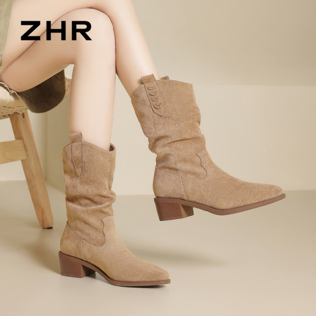 13148794.【ZHR则则】西部靴尖头套脚粗跟女鞋[绒布]