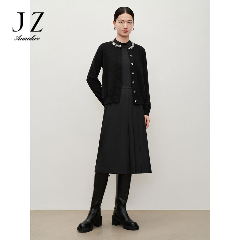 13148763.玖姿安娜蔻通勤设计感羊毛混纺压褶中长裙半身裙女秋季新款