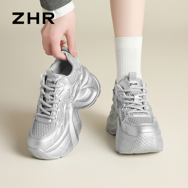 13148597.【ZHR则则】内增高老爹鞋圆头系带厚底女鞋[网布+PU+KPU]