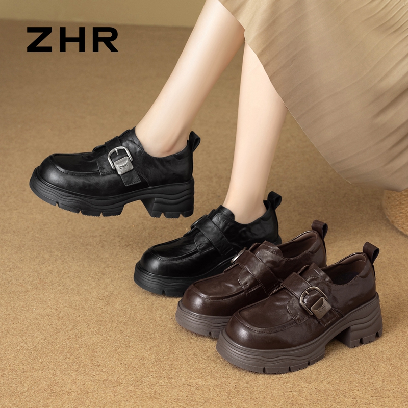 13151300.【ZHR则则】深口单鞋圆头魔术贴厚底女鞋[头层羊皮]