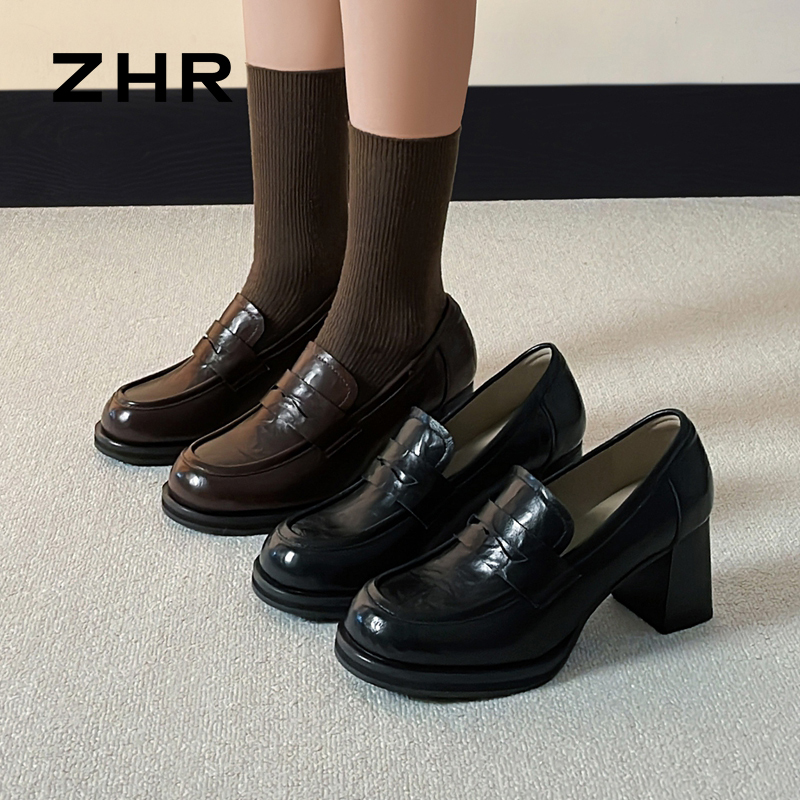 13151297.【ZHR则则】乐福鞋圆头套脚粗跟女鞋[牛剖层移膜革]