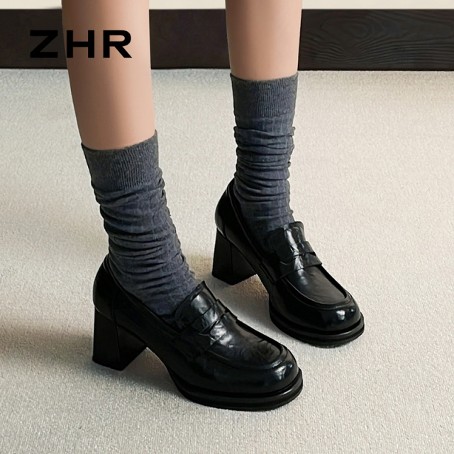 13151297.【ZHR则则】乐福鞋圆头套脚粗跟女鞋[牛剖层移膜革]