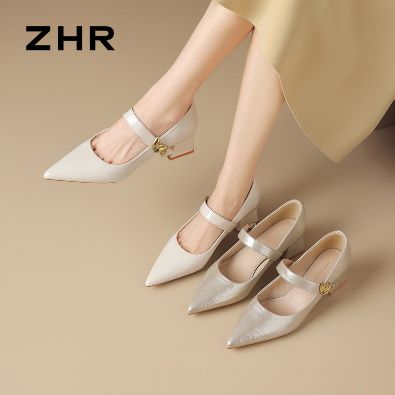 13535653.【ZHR则则】玛丽珍鞋尖头魔术贴粗跟女鞋[镜面PU]