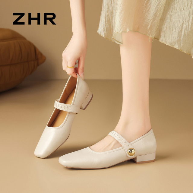13602053.【ZHR则则】玛丽珍鞋方头金属扣饰魔术贴粗跟女鞋[PU]