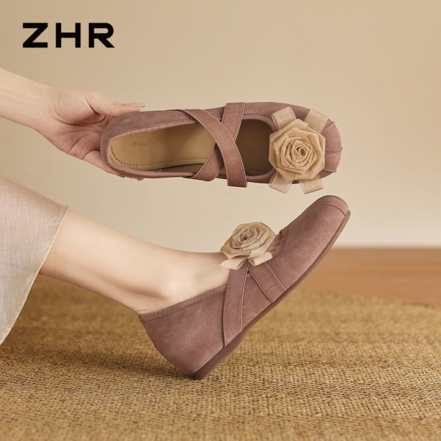 13800149.【ZHR则则】玛丽珍鞋圆头套脚花朵平底女鞋[PU+松紧带]
