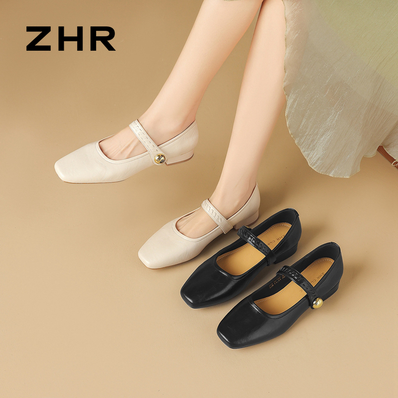 13602053.【ZHR则则】玛丽珍鞋方头金属扣饰魔术贴粗跟女鞋[PU]