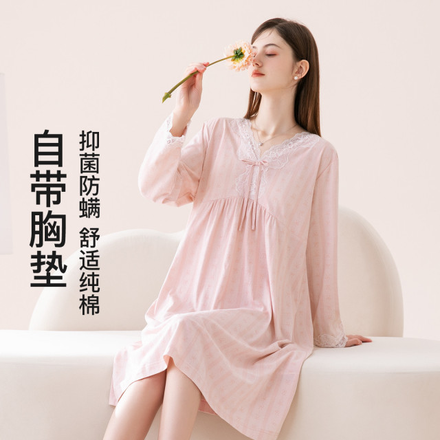13188717.芬腾【100%纯棉 7A yi菌】自带胸垫防螨蕾丝V领长袖睡裙连身裙