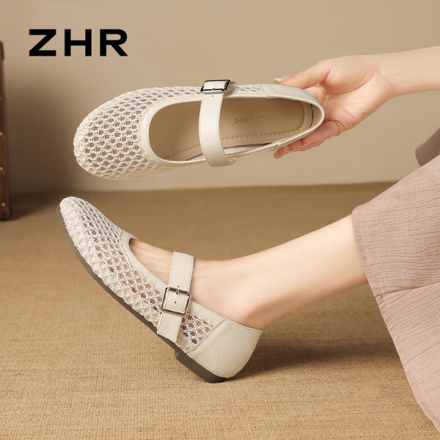 13151312.【ZHR则则】玛丽珍鞋圆头套脚平底女鞋[PU+网纱]