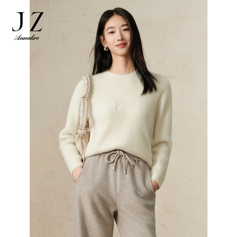 13153740.玖姿安娜蔻简约双色厚实圆领针织宽松针织衫女装秋季新款