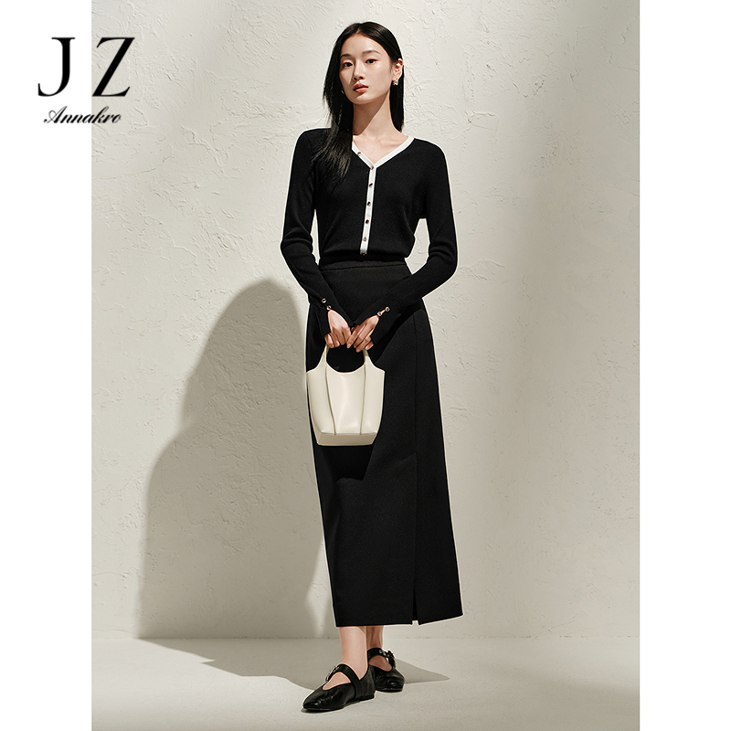 13152683.玖姿安娜蔻优雅通勤国风绣花直筒裙开叉半身裙女2025春季新款