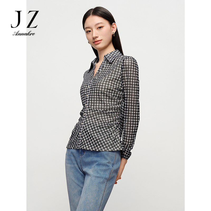 13152753.JUZUI玖姿商场同款优雅圆点印花纱罗修身衬衫女春季新款