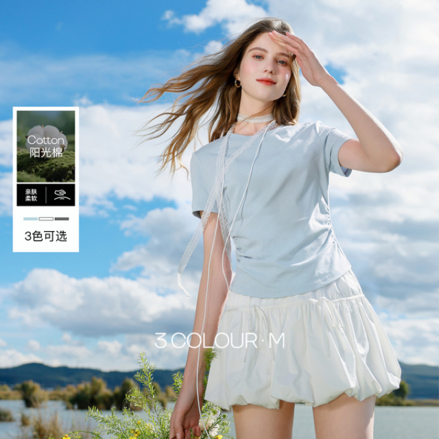 13146258.【瘦瘦T】三彩2026春季新款圆领正肩短袖T恤修身短款收腰显瘦M