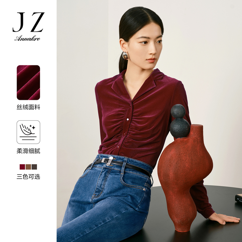 13153006.玖姿安娜蔻OL风法式复古抽褶S型针织丝绒长袖衬衫女秋季新款