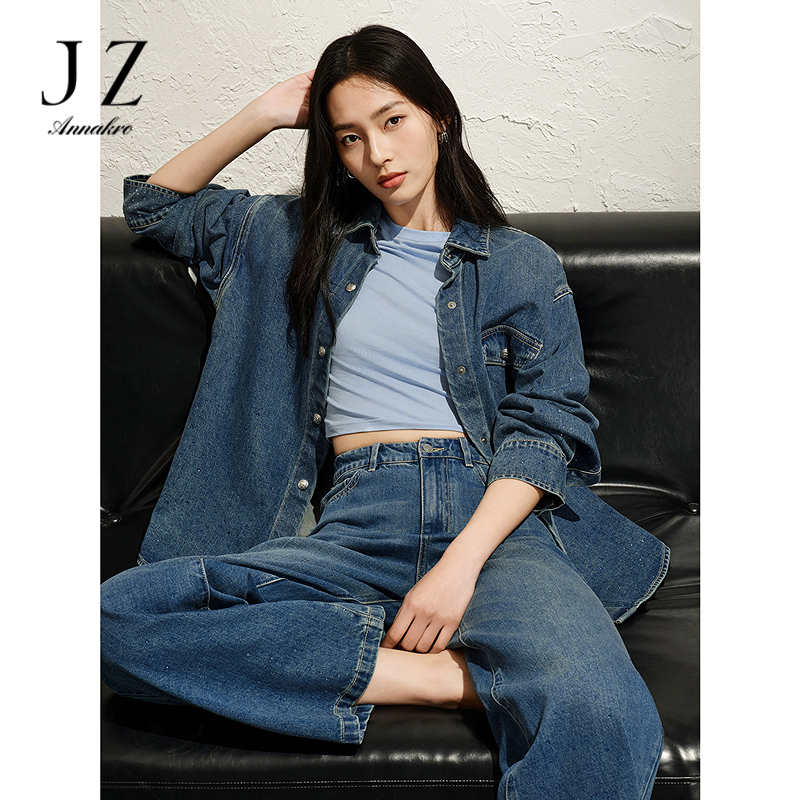13152760.玖姿安娜蔻休闲松弛感烫钻oversize牛仔衬衫女2025春季新款