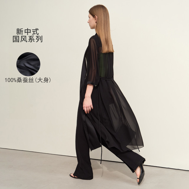 13191380.【中式】新款桑蚕丝外套轻薄七分袖绑带长款外套女配腰带