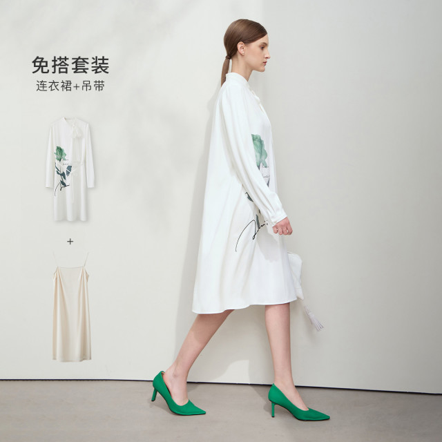 13191384.新款春季优雅印花飘带衬衫裙雪纺连衣裙配内搭裙子通勤套装