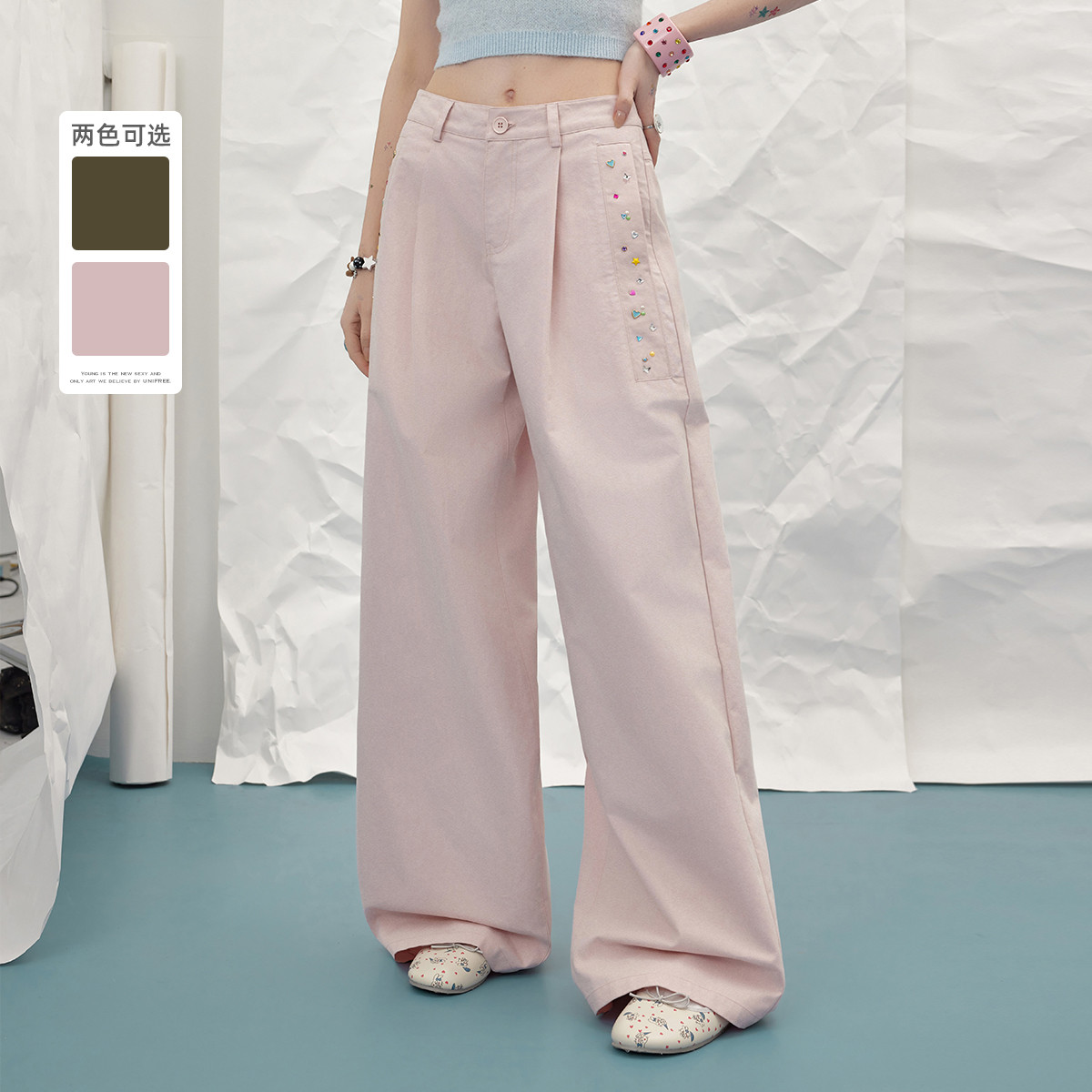 13158654.【26年春款】美式复古慵懒感重工彩色烫钻设计低腰宽松阔腿休闲裤U261P033V1V1