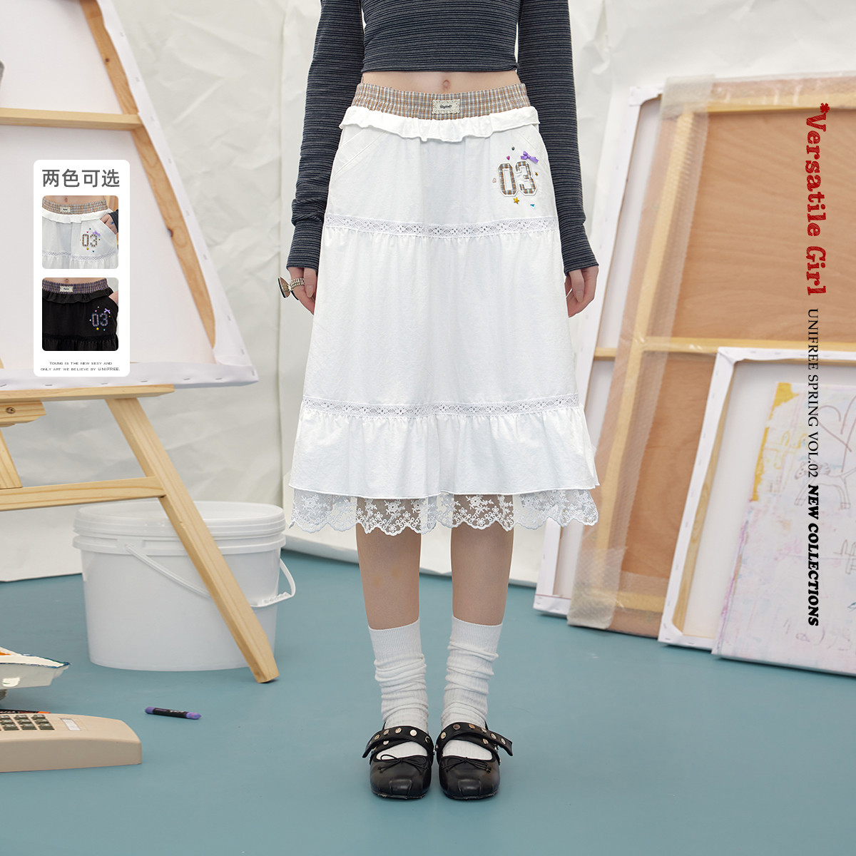 13158945.【26年春款】韩系少女蕾丝花边拼接撞色格纹假两件低腰半身裙U261Q041V1V1