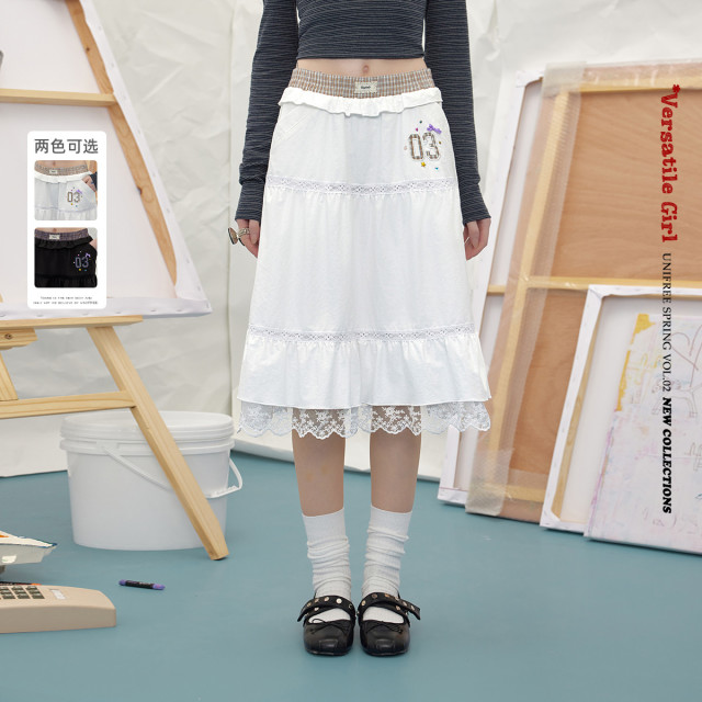 13158945.【26年春款】韩系少女蕾丝花边拼接撞色格纹假两件低腰半身裙U261Q041V1V1