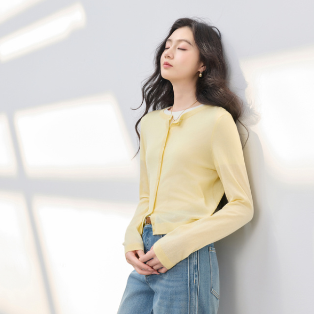 13159670.【莱赛尔醋酸】三彩2026春季新款短款长袖针织衫外套小开衫M