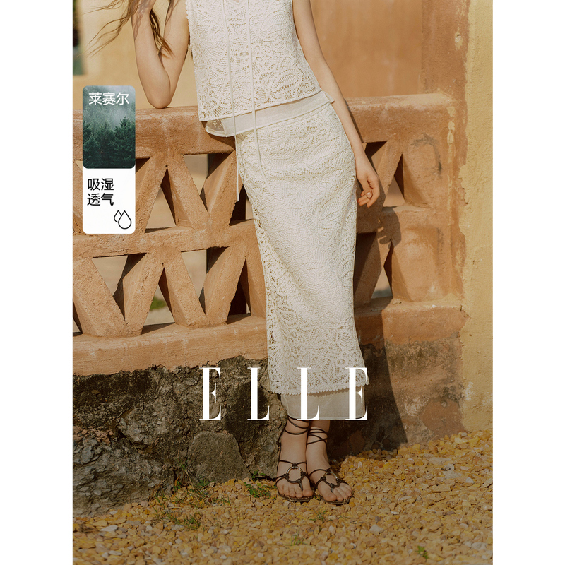 13159569.ELLE假两件半裙优雅度假风重工绳绣设计开叉直筒裙