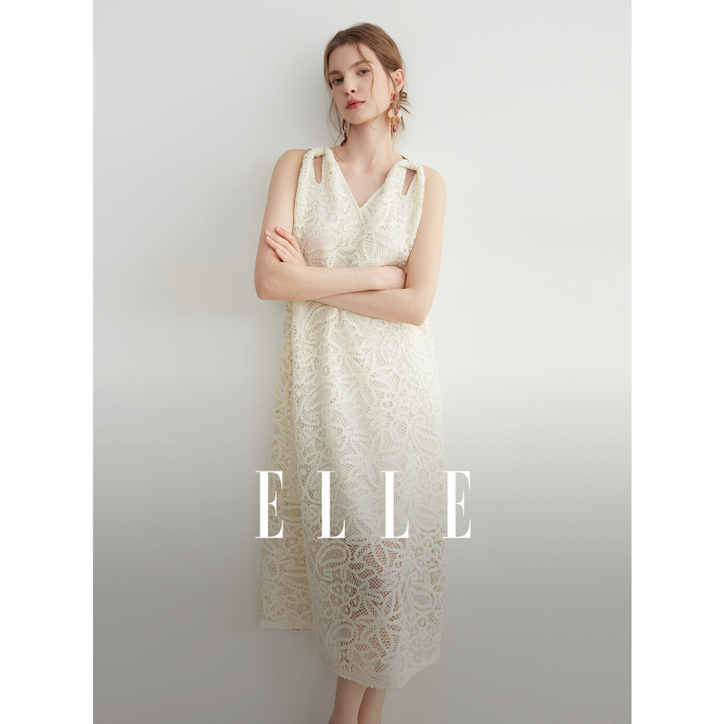 13159571.ELLE无袖背心裙女浪漫度假风镂空设计A字连衣裙