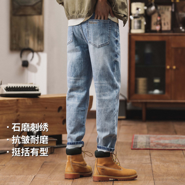 13160326.美式复古石磨刺绣猫须小锥休闲男式水洗牛仔裤男
