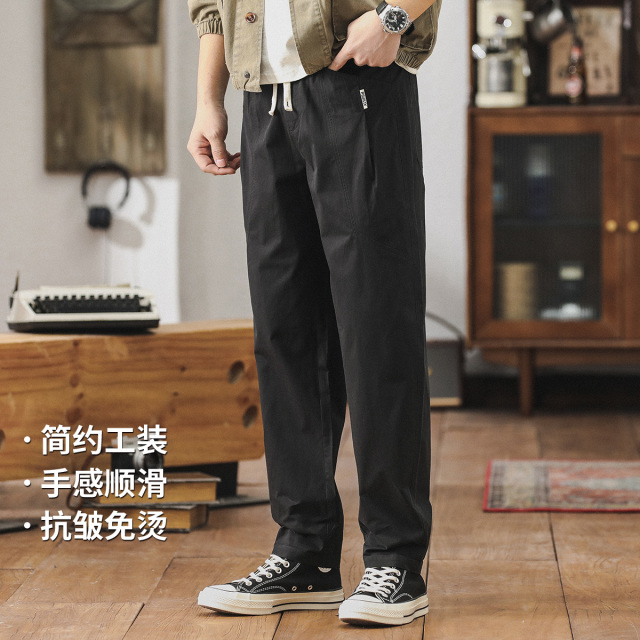13160340.长绒棉松紧腰抽绳工装微阔小锥裤纯棉男式休闲裤
