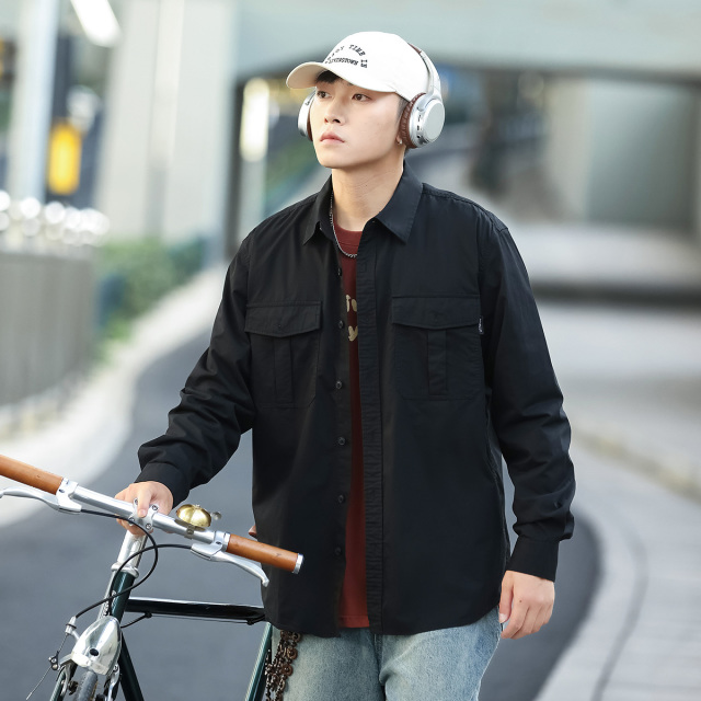 13160324.翻领贴袋纯棉亲肤户外工装休闲宽松男式长袖衬衫