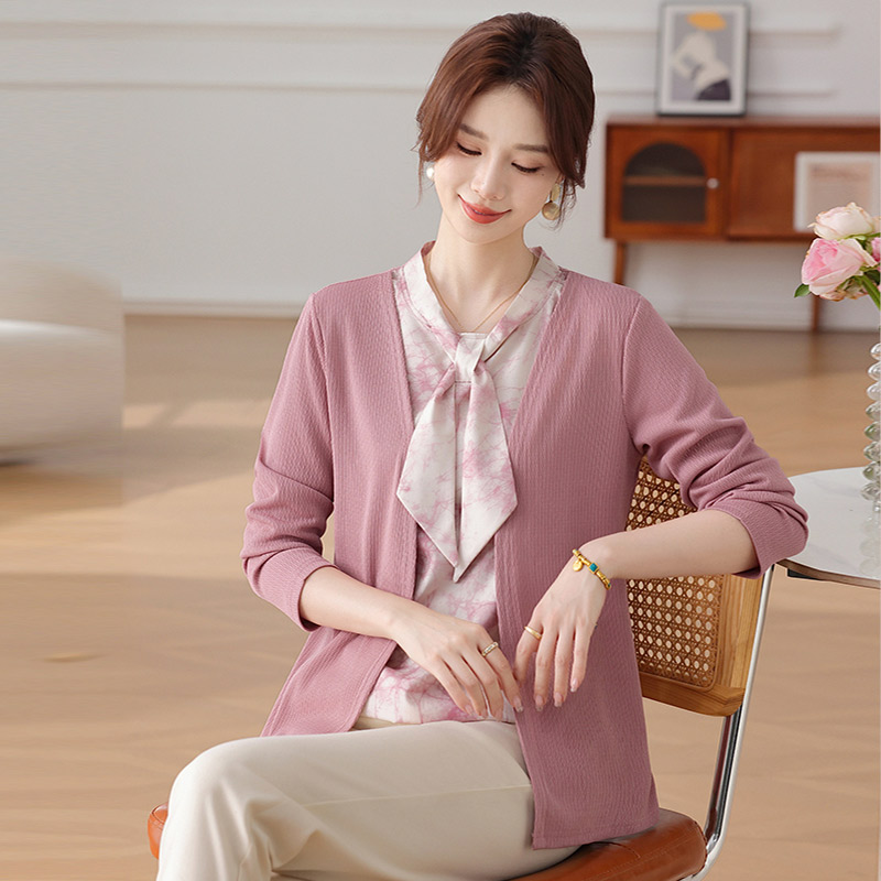 13160400.妈妈时尚洋气假两件T恤减龄贵夫人春秋上衣服
