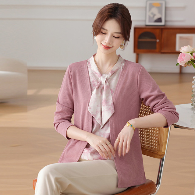 13160400.妈妈时尚洋气假两件T恤减龄贵夫人春秋上衣服