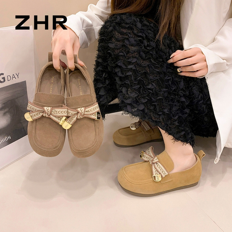 13161581.【ZHR则则】平底乐福鞋圆头套脚平底女鞋[牛剖层绒面革]