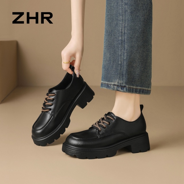 13161388.【ZHR则则】深口单鞋圆头系带厚底女鞋[牛剖层移膜革]