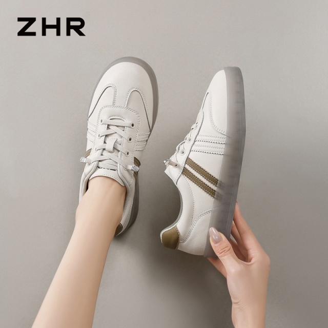 13161540.【ZHR则则】平底小白鞋圆头松紧带平底女鞋[牛剖层移膜革+超纤]