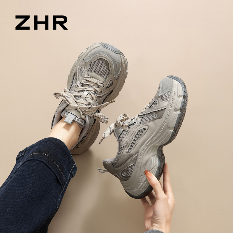 13161593.【ZHR则则】老爹鞋圆头系带厚底女鞋[PU+网布]